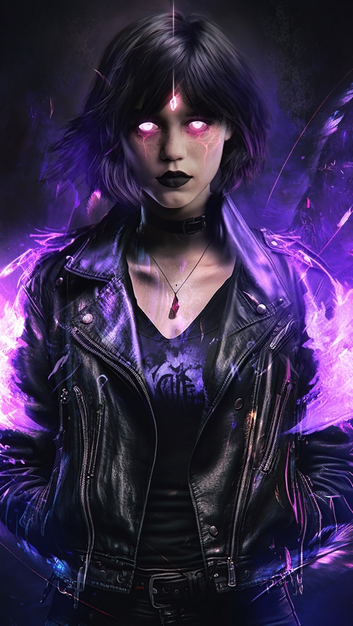 Artwork of a woman with glowing eyes and a leather jacket
