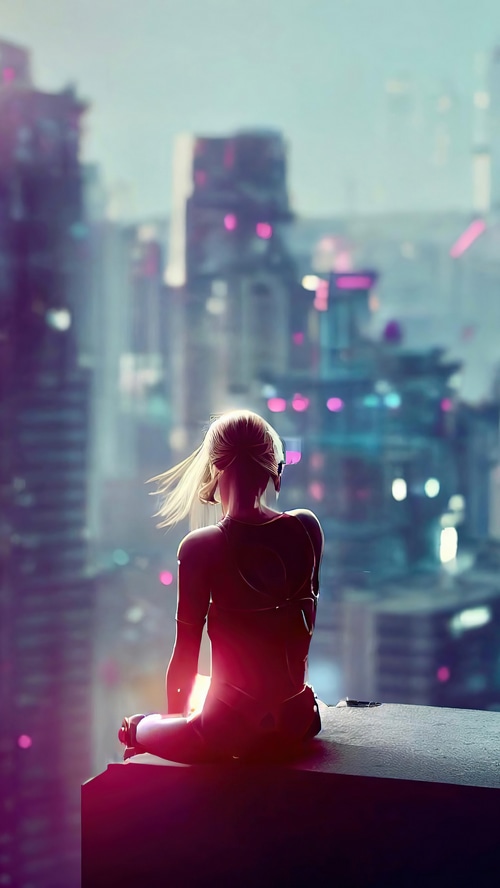 Cyberpunk woman sitting on a rooftop overlooking a futuristic city