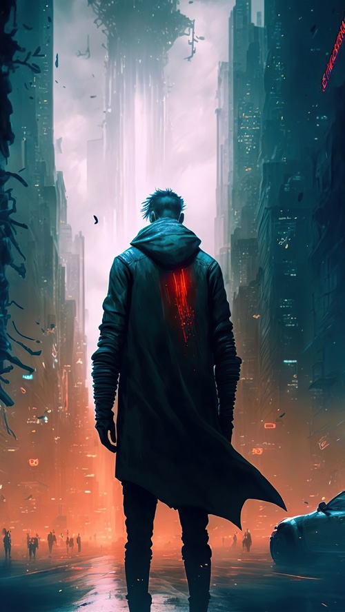 Cyberpunk man with glowing red mark on jacket in city