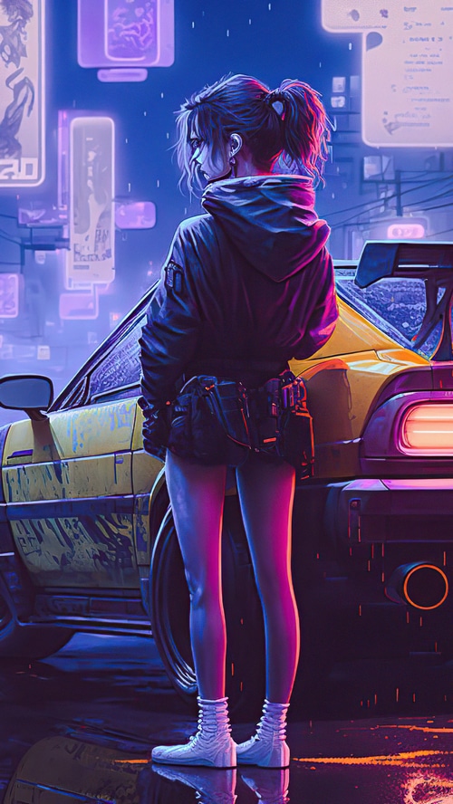 Girl in cyberpunk city with yellow car