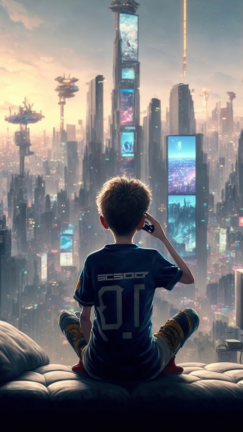 Cyberpunk boy on phone looking at futuristic city