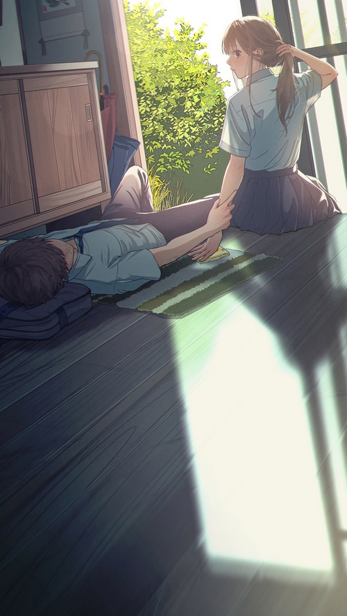 Anime couple in a sunlit room