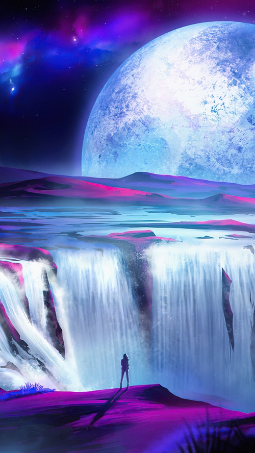 Digital Art of a Person at a Waterfall Under a Large Moon