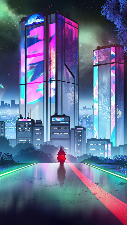 Cyberpunk city with a person on a motorcycle