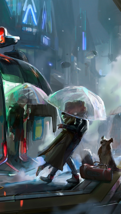 Couple embracing under umbrellas in a futuristic city