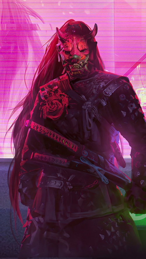 Cyberpunk Samurai with Oni Mask and Swords