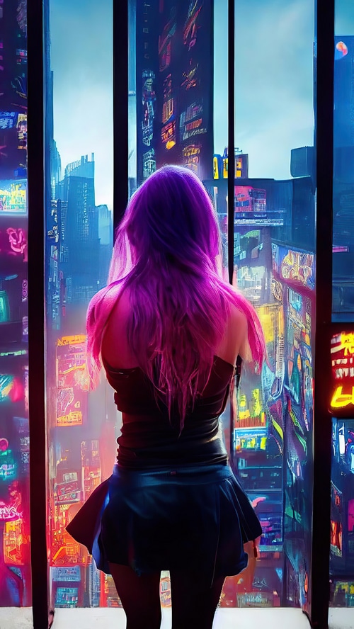 Cyberpunk artwork of a woman with purple hair overlooking a city