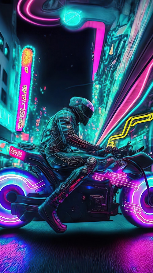 Cyberpunk motorcycle rider in neon city