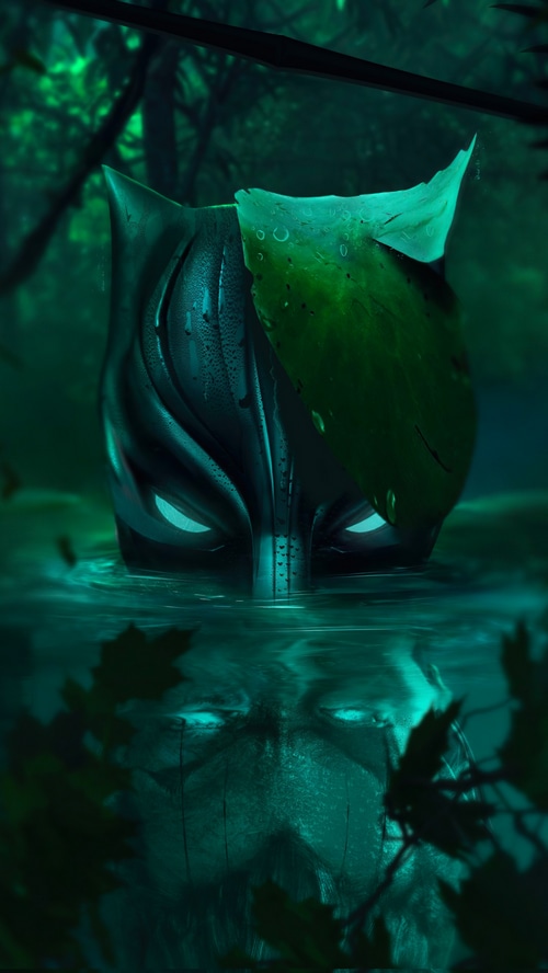 Black Panther mask in a jungle pond