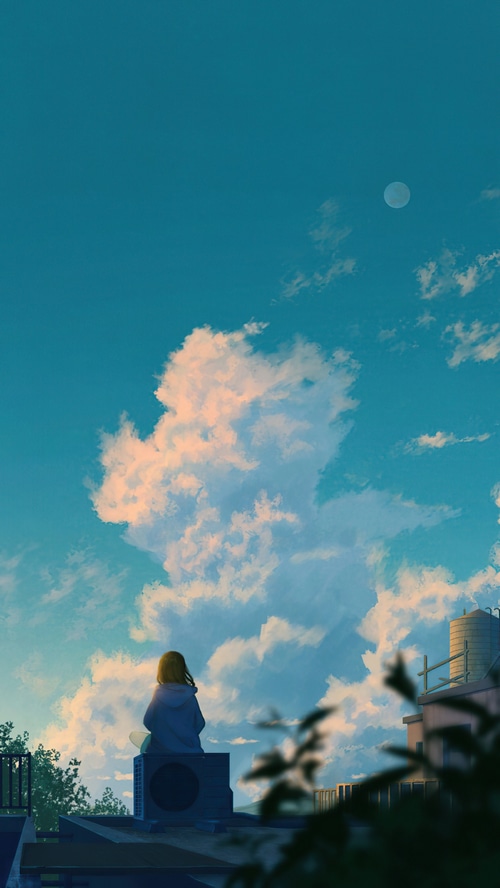 Anime girl sitting on an air conditioner on a rooftop