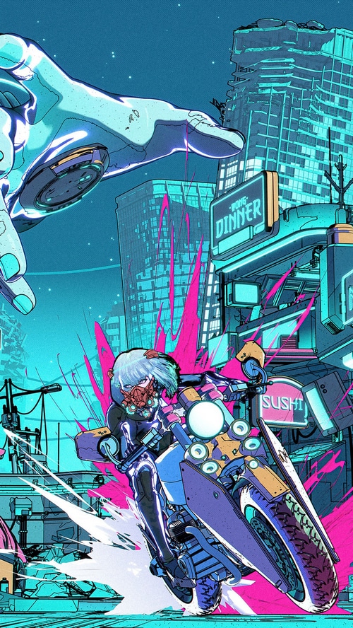 Cyberpunk Motorcycle Rider in Neon City