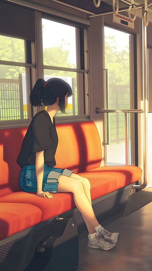Anime girl on a train with a guitar case