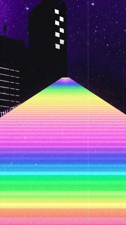Digital Art of a Cityscape with Rainbow Pyramid