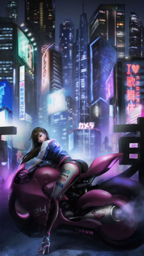 D.Va on a motorcycle in a neon city