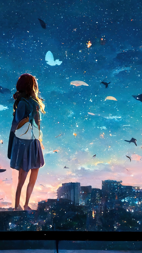 Girl looking at a starry sky over a city