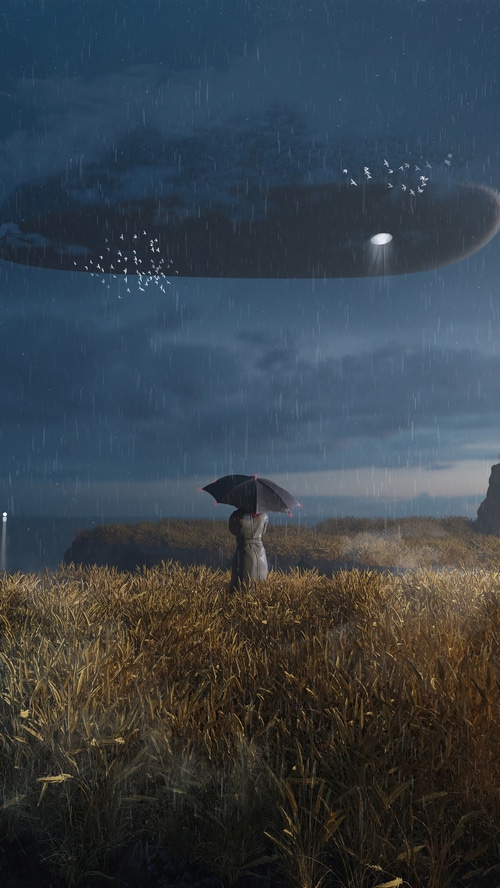 Sci-fi artwork of a UFO hovering over a person with an umbrella