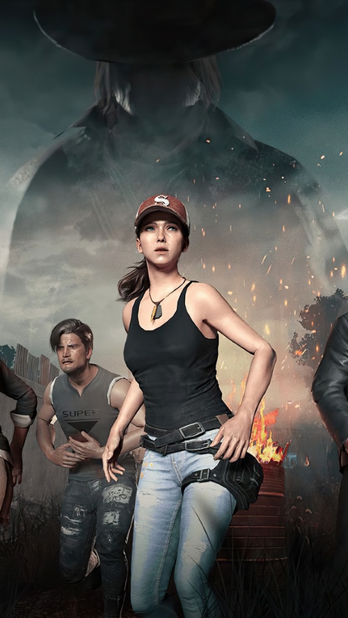 PUBG characters running with a giant figure in the background