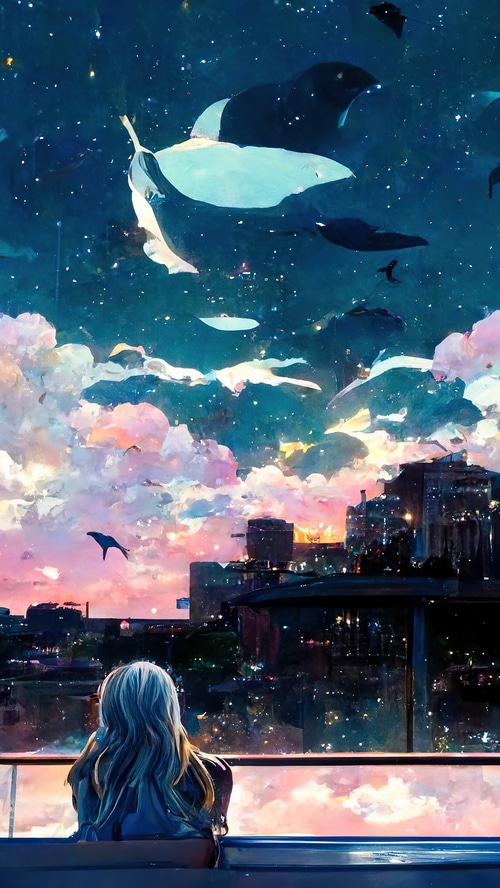 Digital Art of Whales and Clouds Over Cityscape