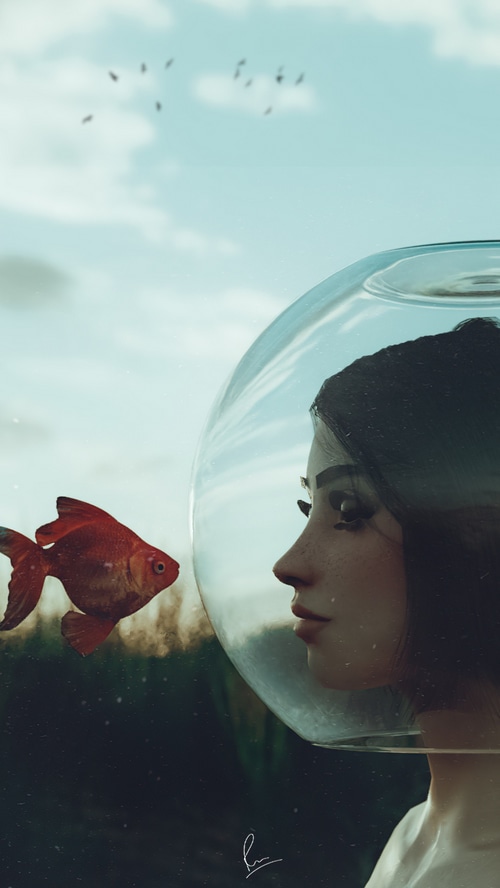 Digital art of a girl in a fishbowl helmet with a goldfish