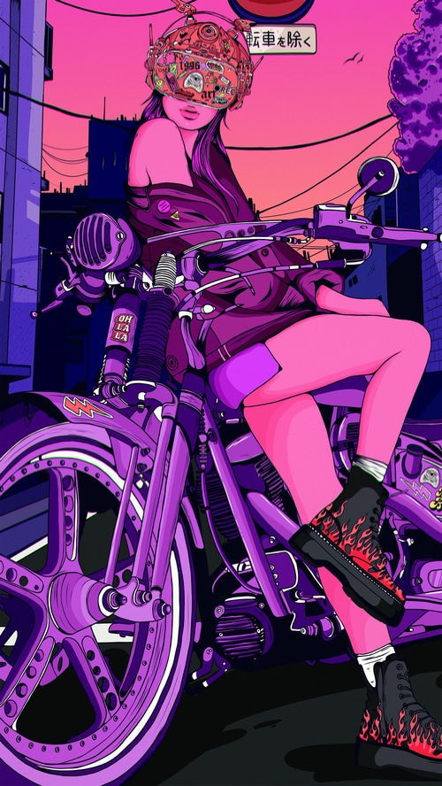 Woman with futuristic helmet on a motorcycle