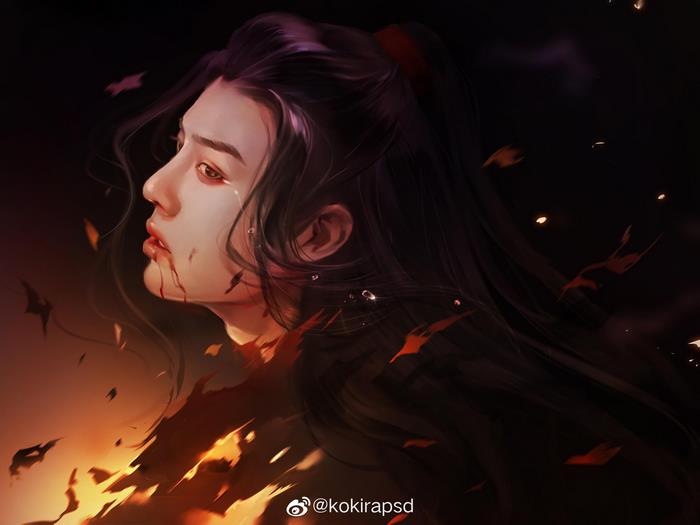 Wei Wuxian from The Untamed in flames