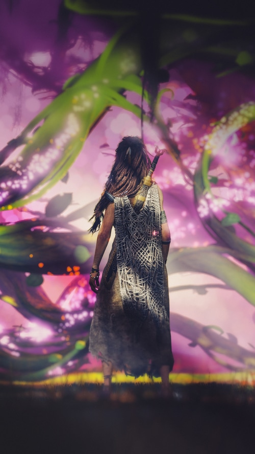 Freya from God of War 4 in a mystical forest