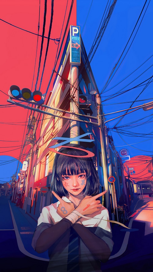 Anime girl with halo and tattoos in a city street