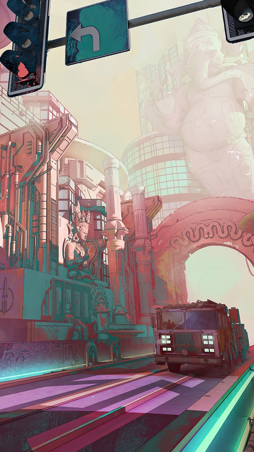 Digital Art of a Futuristic Cityscape with Statues and a Truck
