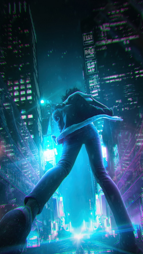 Cyberpunk Cityscape with a Person