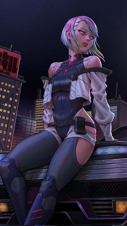 Lucy from Cyberpunk Edgerunners sitting on a car