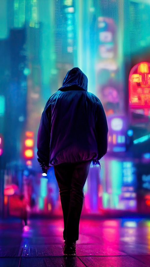 Person in hoodie walking through neon city at night