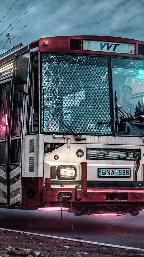 Cyberpunk bus with broken windshield