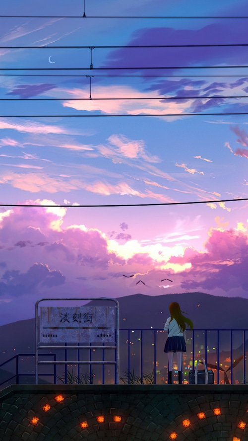 Anime girl on a bridge overlooking a city at sunset