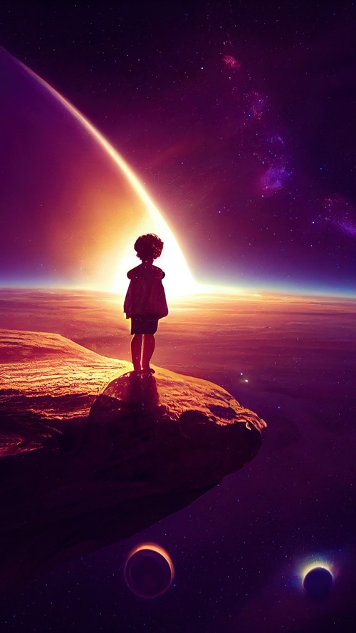 Child standing on a rock overlooking a cosmic landscape