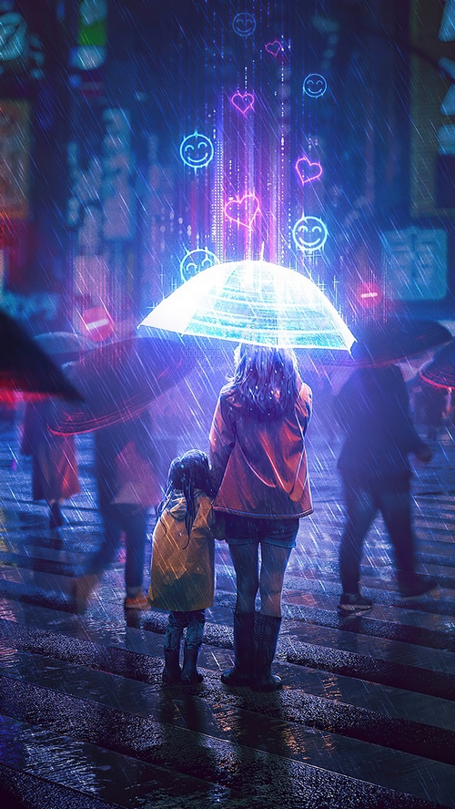 Mother and daughter under umbrella in digital art