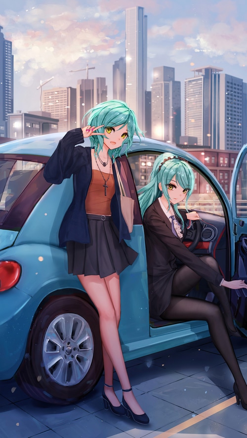 Two anime girls with teal hair by a car