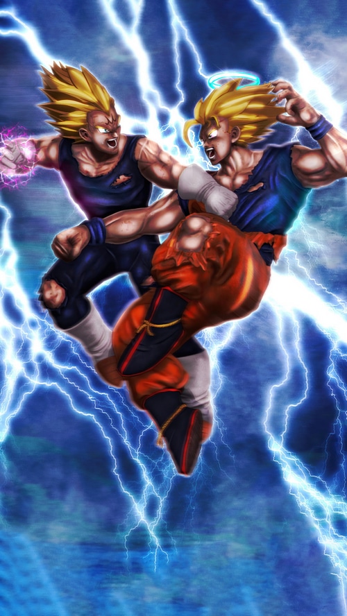 Dragon Ball Z: Goku and Vegeta Fighting Amidst Lightning