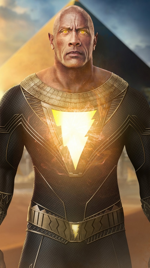 Black Adam with glowing eyes and lightning symbol