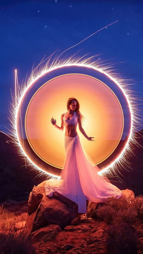 Woman in white dress in a fiery circle