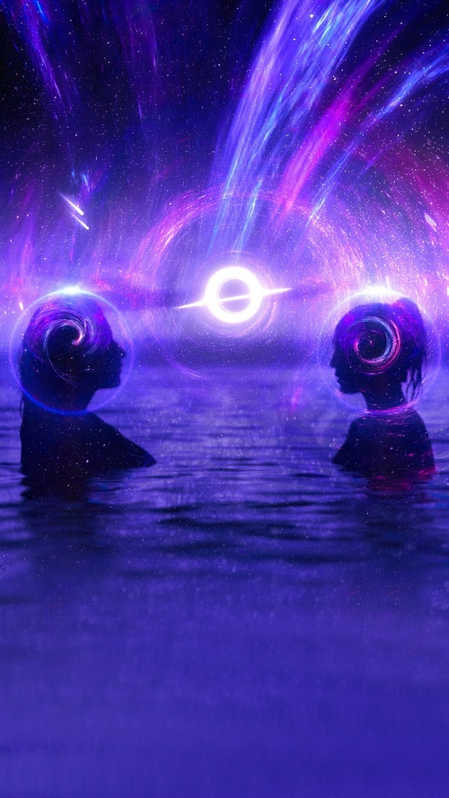 Two figures in space water with a black hole