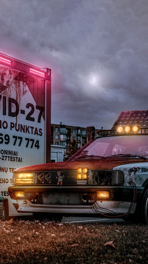 Cyberpunk car with COVID-27 testing sign
