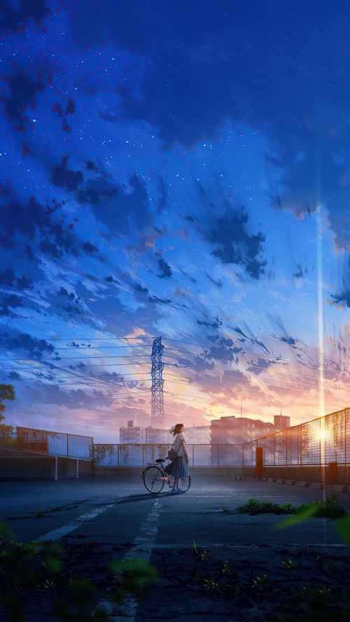 Anime girl with bicycle on rooftop at sunset