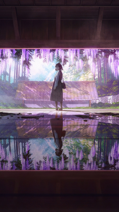 Anime girl standing in front of a Japanese house with wisteria