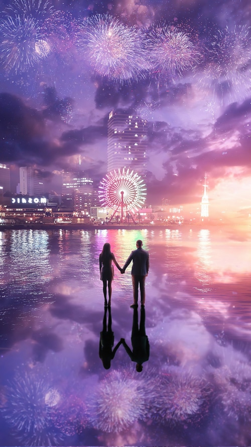 Couple watching fireworks over city skyline