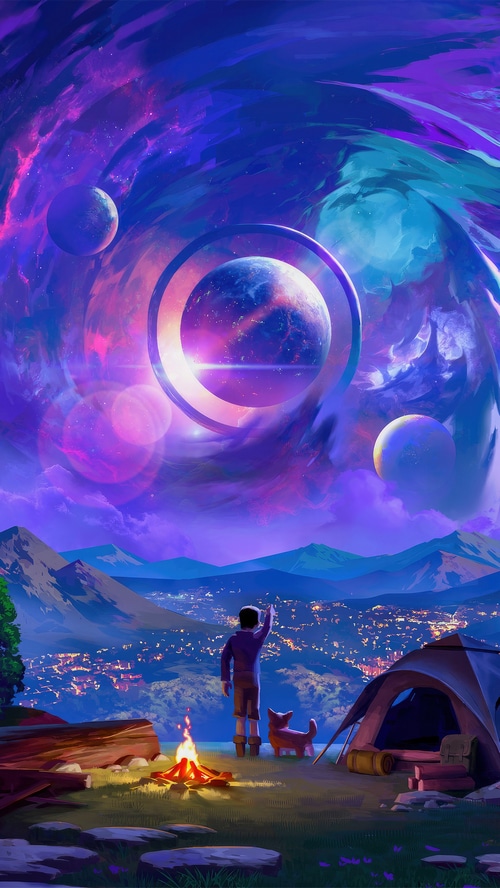 Boy and dog camping under a cosmic sky