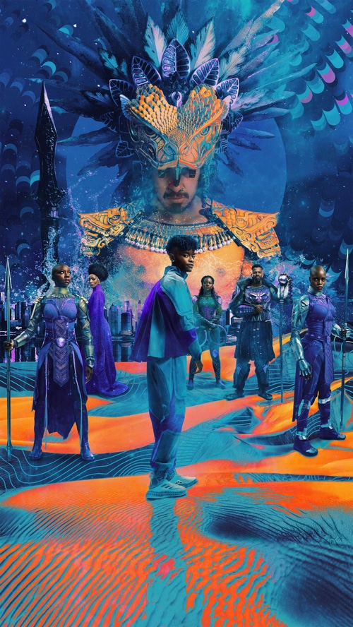Black Panther Wakanda Forever characters in a surreal landscape
