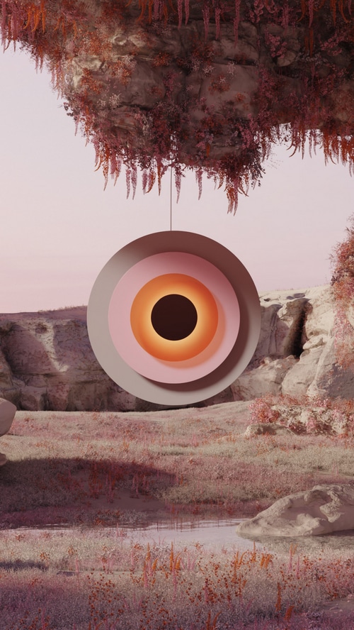 Surreal landscape with floating rock and concentric circles