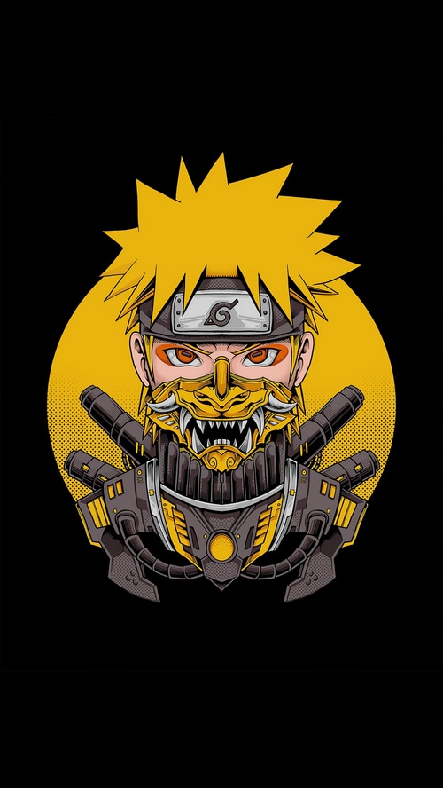 Naruto Uzumaki in a futuristic cybernetic suit with a demon mask