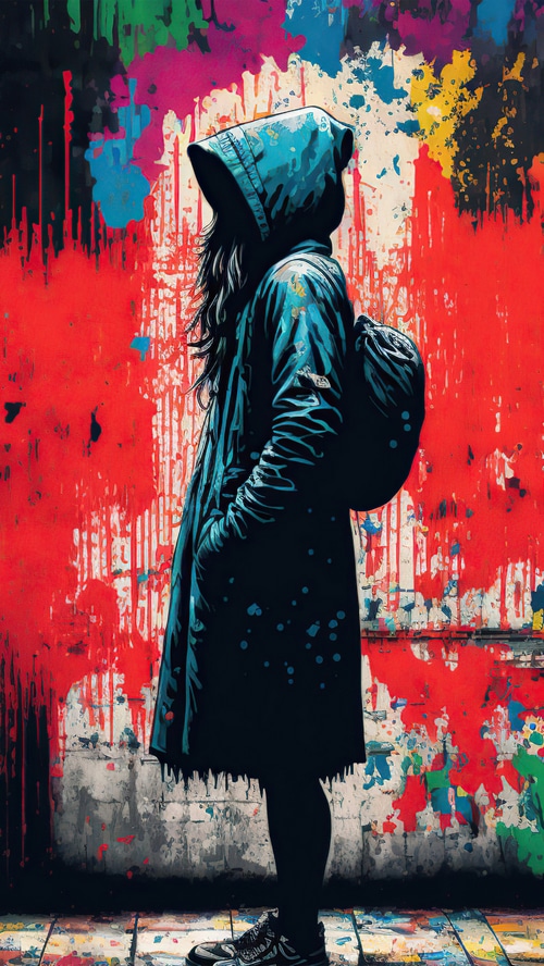 Person in a blue hoodie against a colorful graffiti wall
