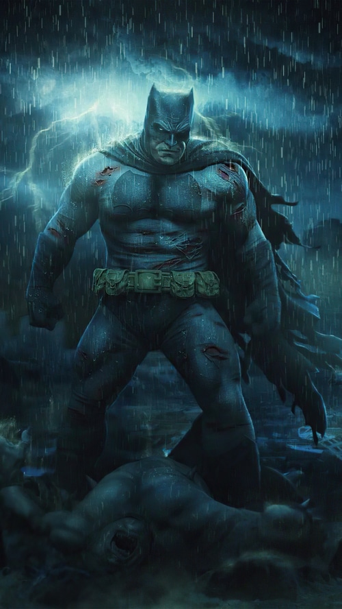 Batman standing in the rain with lightning